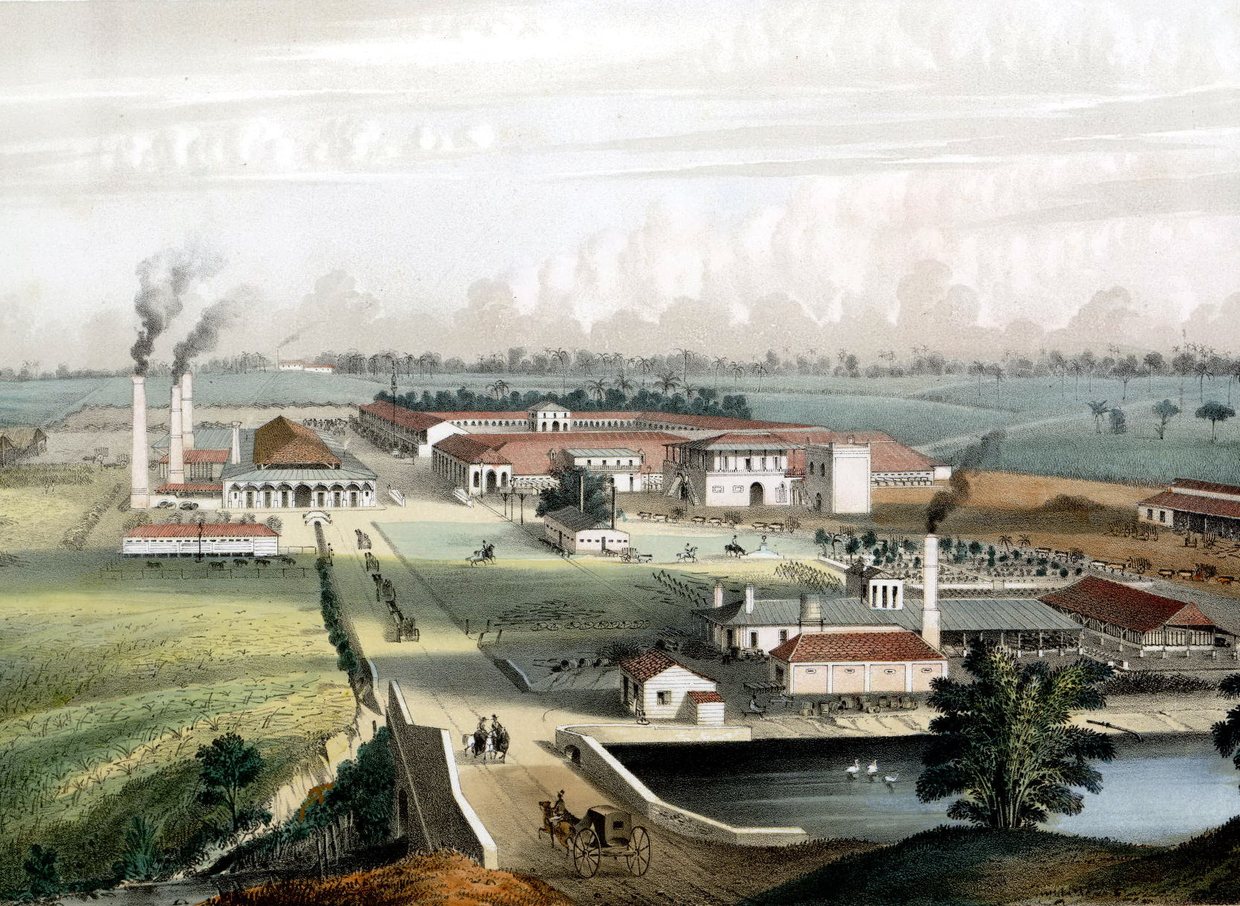 The Flor de Cuba sugar estate in Cuba, with the chimneys of its boiling houses; lithograph by Eduardo Laplante, 1857